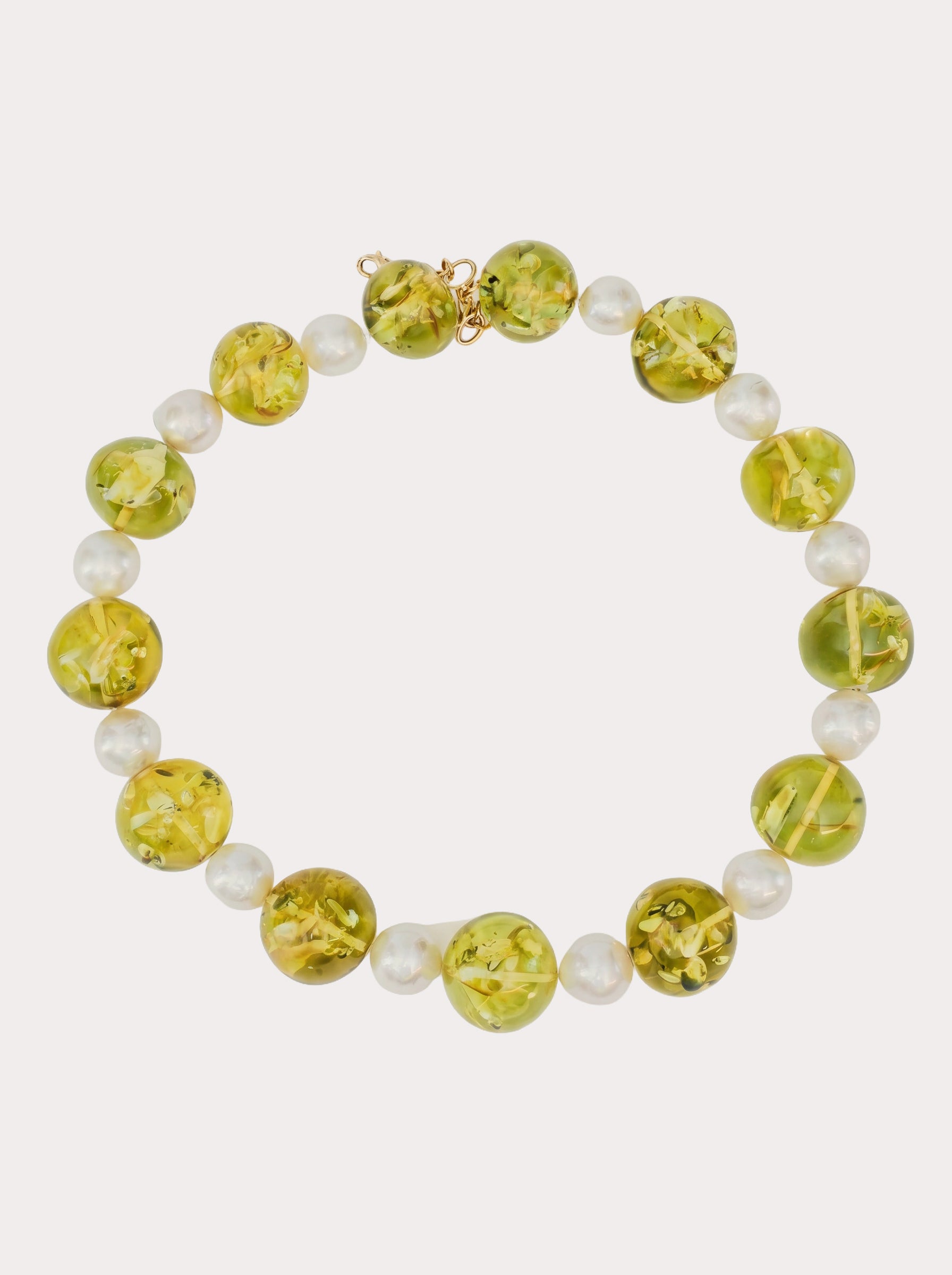 Collana Girocollo con Ambra Verde e Perle in Oro Giallo 18 kt