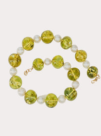 Collana Girocollo con Ambra Verde e Perle in Oro Giallo 18 kt